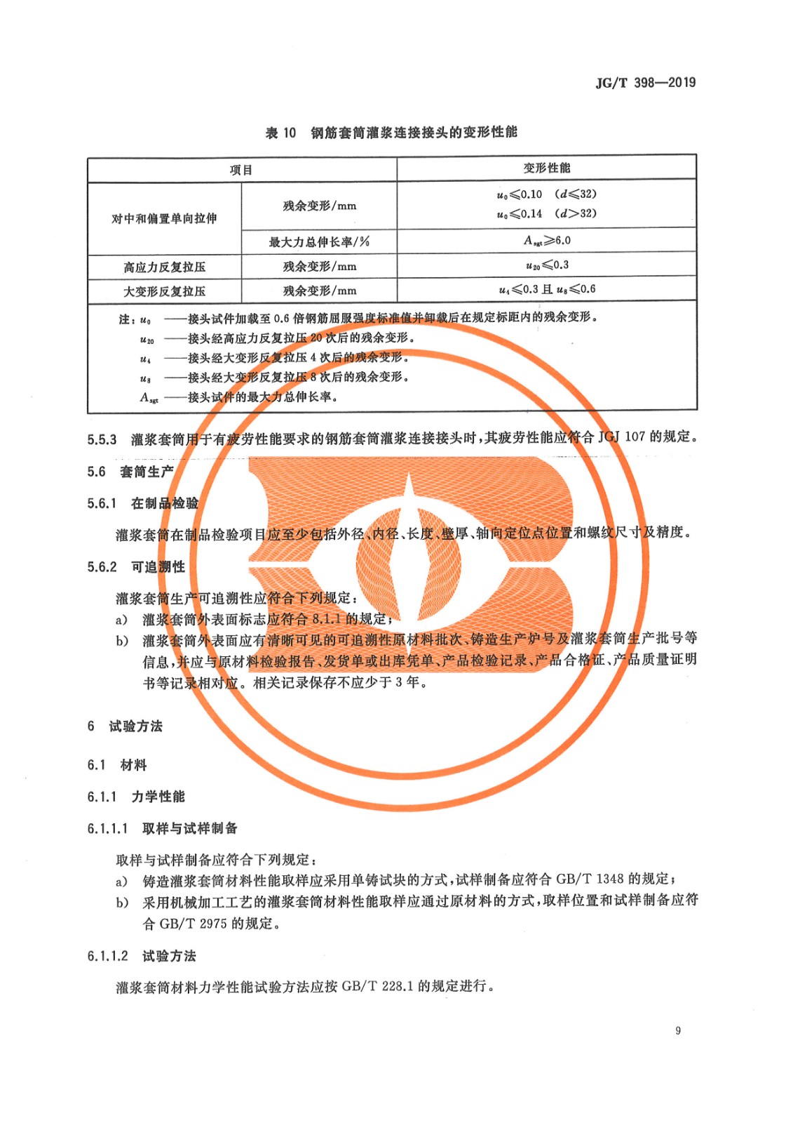 JGT 398-2019《钢筋连接用灌浆套筒》